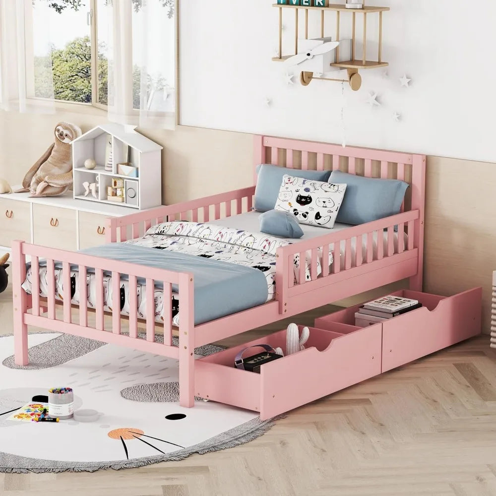 Kids Twin Bed With Guardrails Platform Bed Frame Drawers