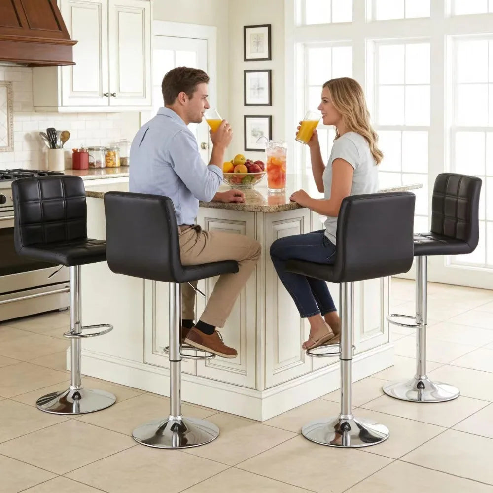 Adjustable Swivel Barstools Set, Modern PU Leather Square Back