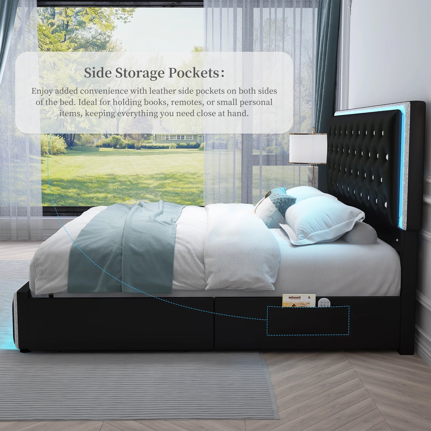 NONECN LED PU Bed Frame With Built In Drawers Storage