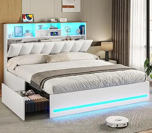 Bed Frame With Bookcase Headboard Charging Station And LED Lights