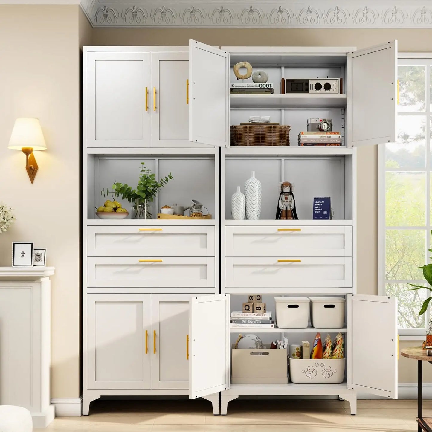 Guangbai Metal Pantry Cabinet With 2 Drawers And Adjustable Shelves