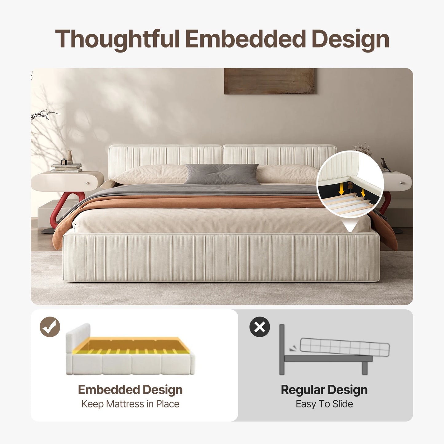 QWCCN Chenille Platform Bed With Thick Headboard And Footboard