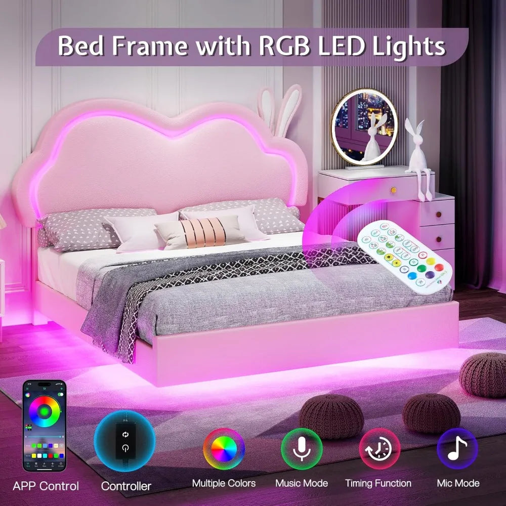 Twin LED Bed Frame For Girls With Cloud Headboard Design