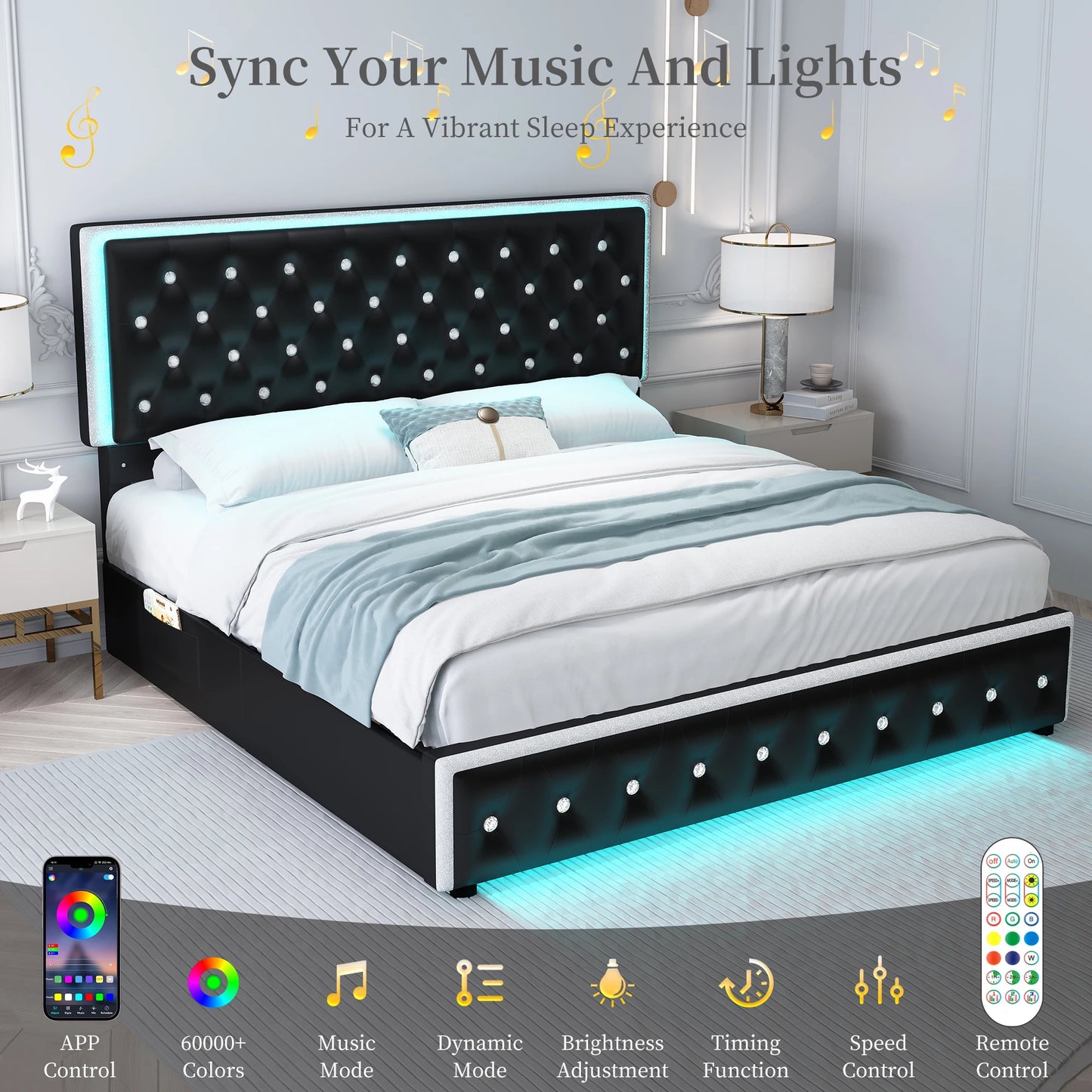 NONECN LED PU Bed Frame With Built In Drawers Storage