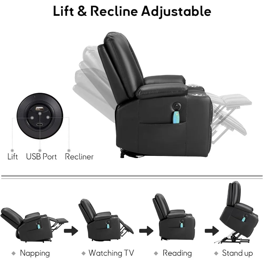 Power Lift Chair With Heat Massage USB Ports Faux Leather