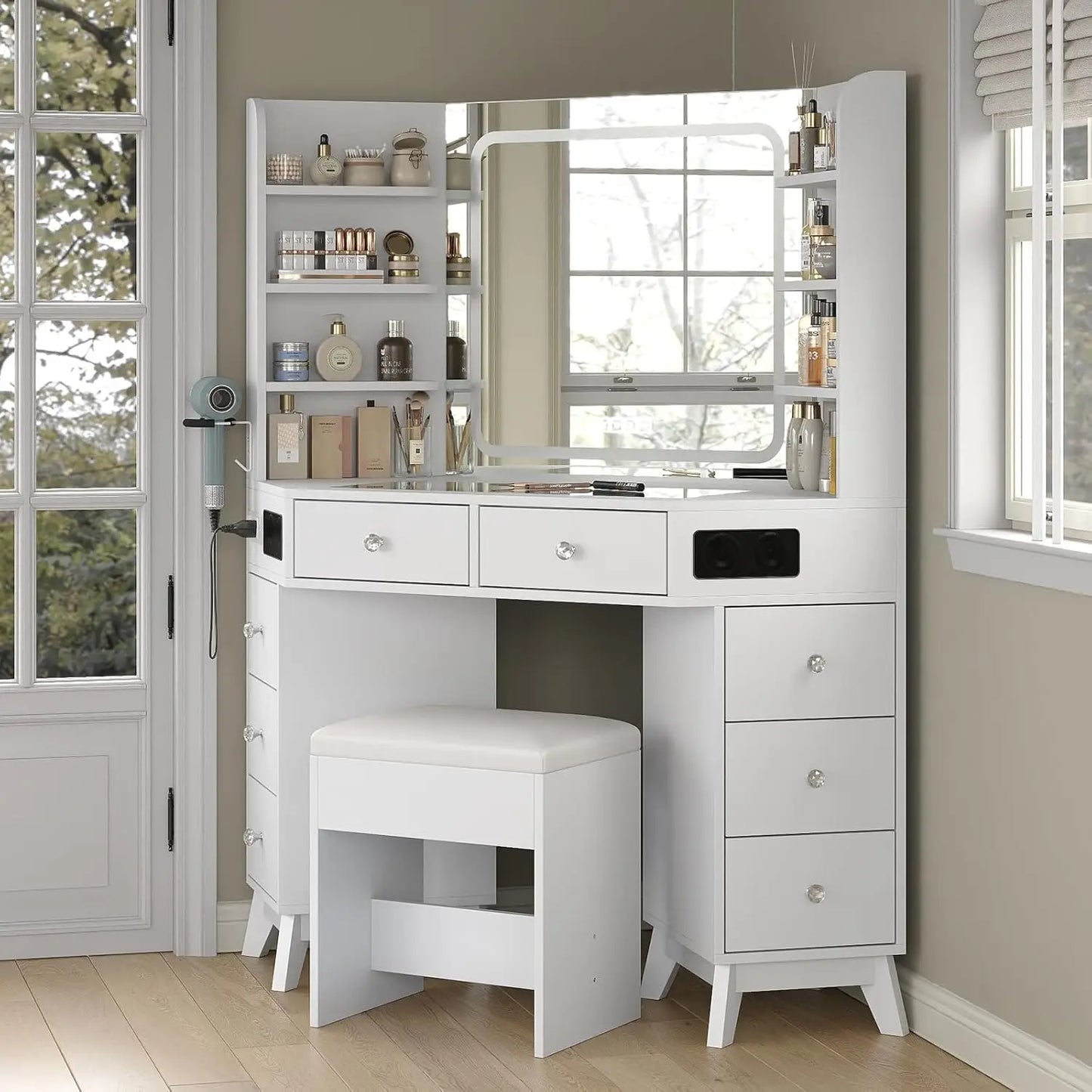Corner Vanity Desk With Bluetooth Speaker And Glass Top