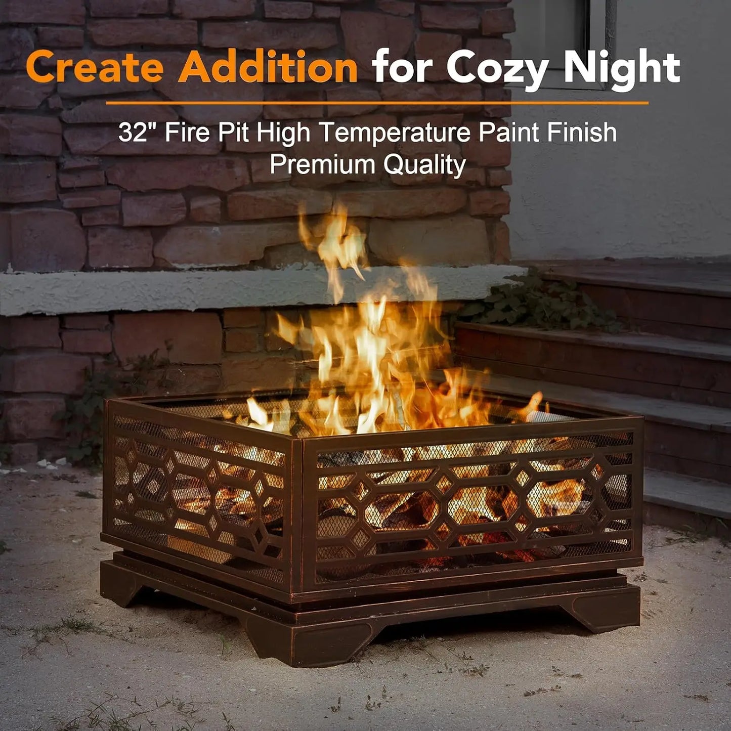 Square Outdoor Fire Pit Metal Wood Burning with Mesh Cover