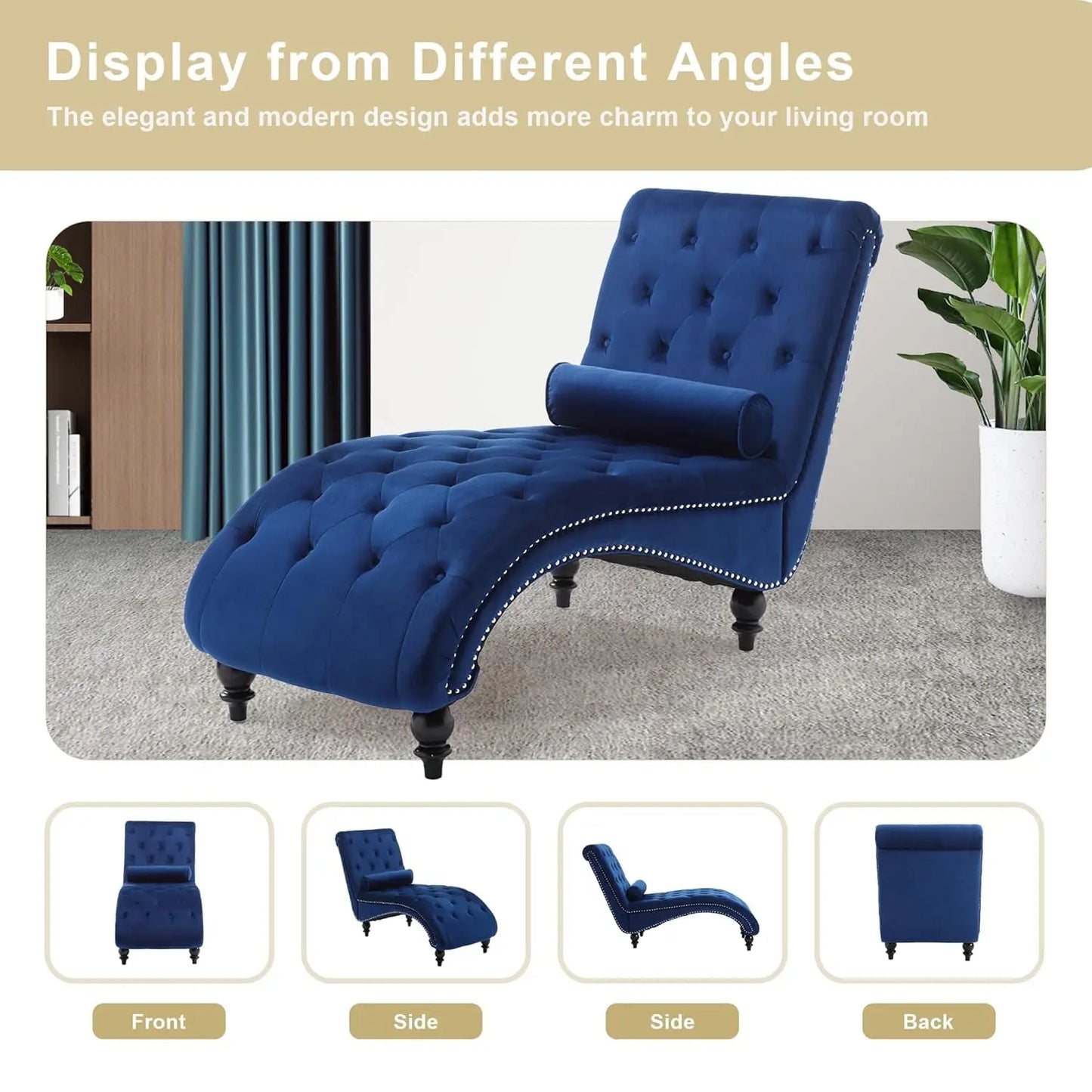 Velvet Chaise Lounge Chair With Pillow, Button-Tufted, Modern Indoor