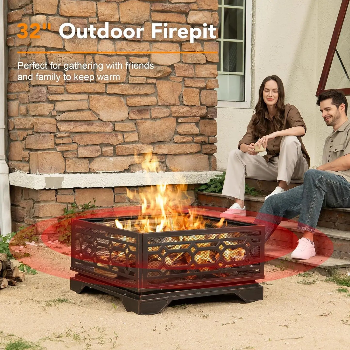 Square Outdoor Fire Pit Metal Wood Burning with Mesh Cover