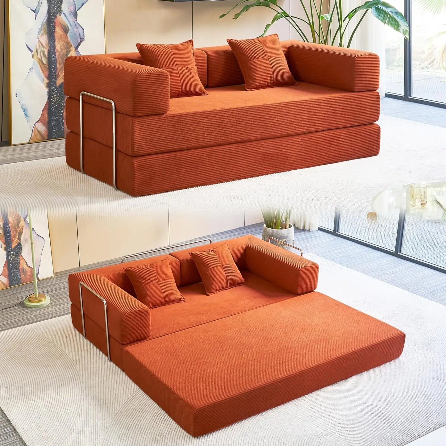 Convertible Floor Sofa Bed With Pillow Back Support Armrest