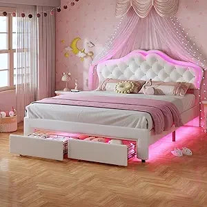 Upholstered Platform Bed With LED Lights Adjustable Headboard Storage Drawer