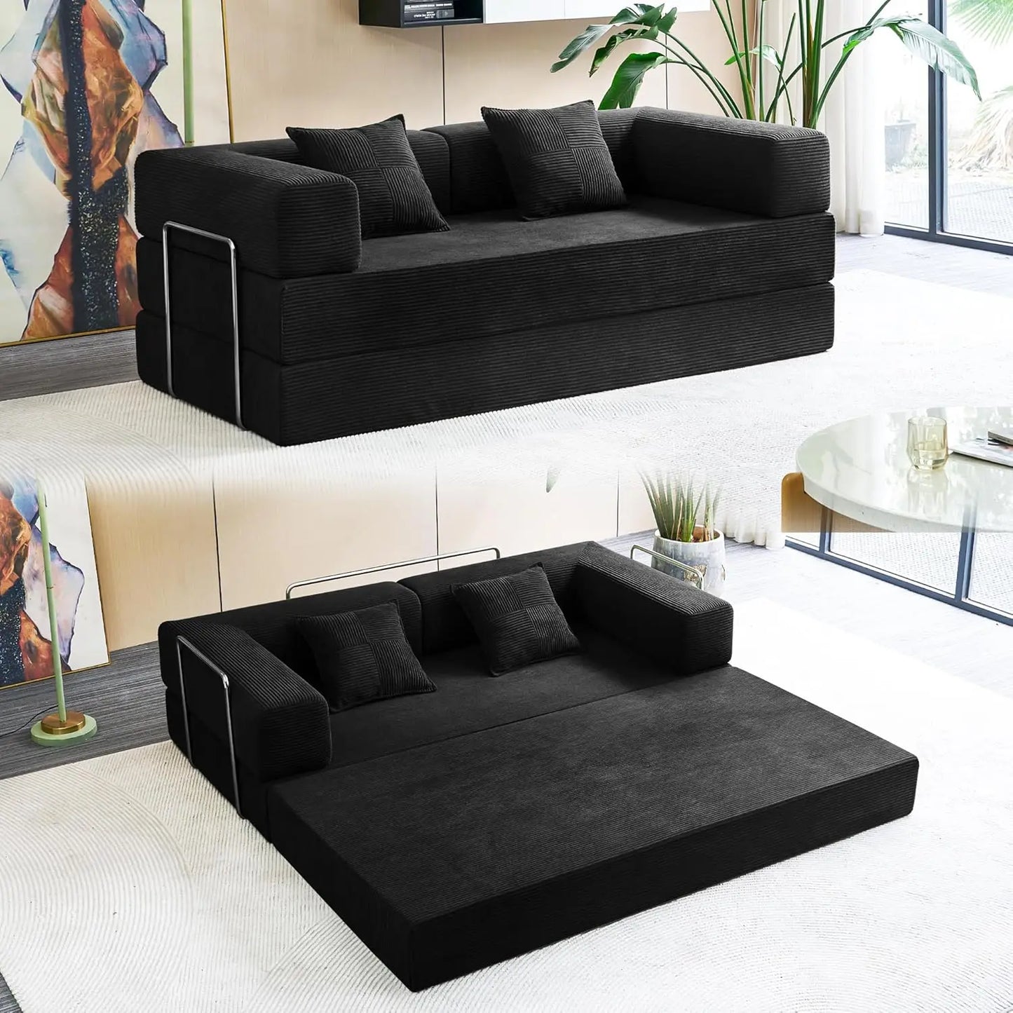 Convertible Floor Sofa Bed With Pillow Back Support Armrest