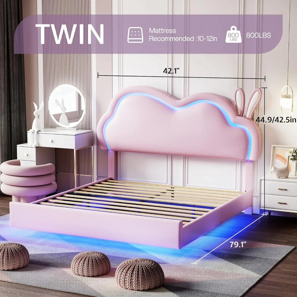 Twin LED Bed Frame For Girls With Cloud Headboard Design
