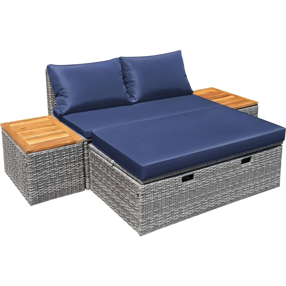 Patio Day Bed Set Outdoor Rattan Lounge Bed With Side Tables