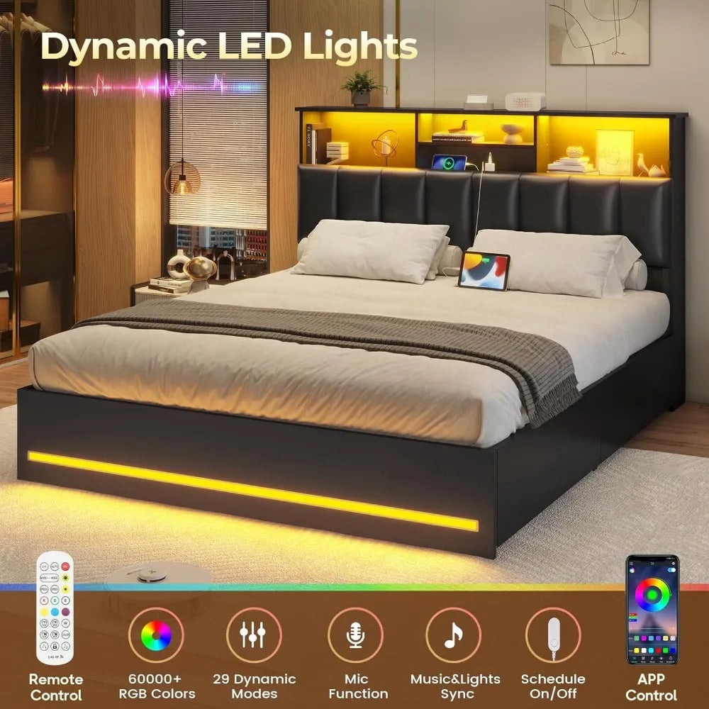 Bed Frame With Bookcase Headboard Charging Station And LED Lights
