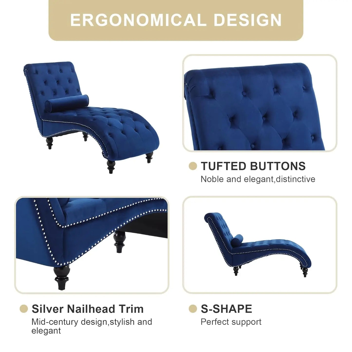 Velvet Chaise Lounge Chair With Pillow, Button-Tufted, Modern Indoor