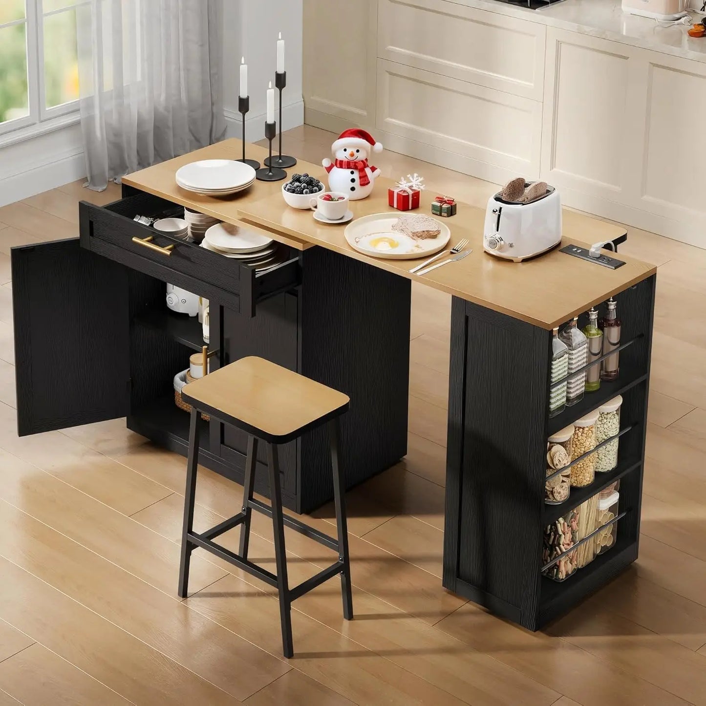 Expandable Kitchen Island With Seating Power Outlet Storage And Wheels