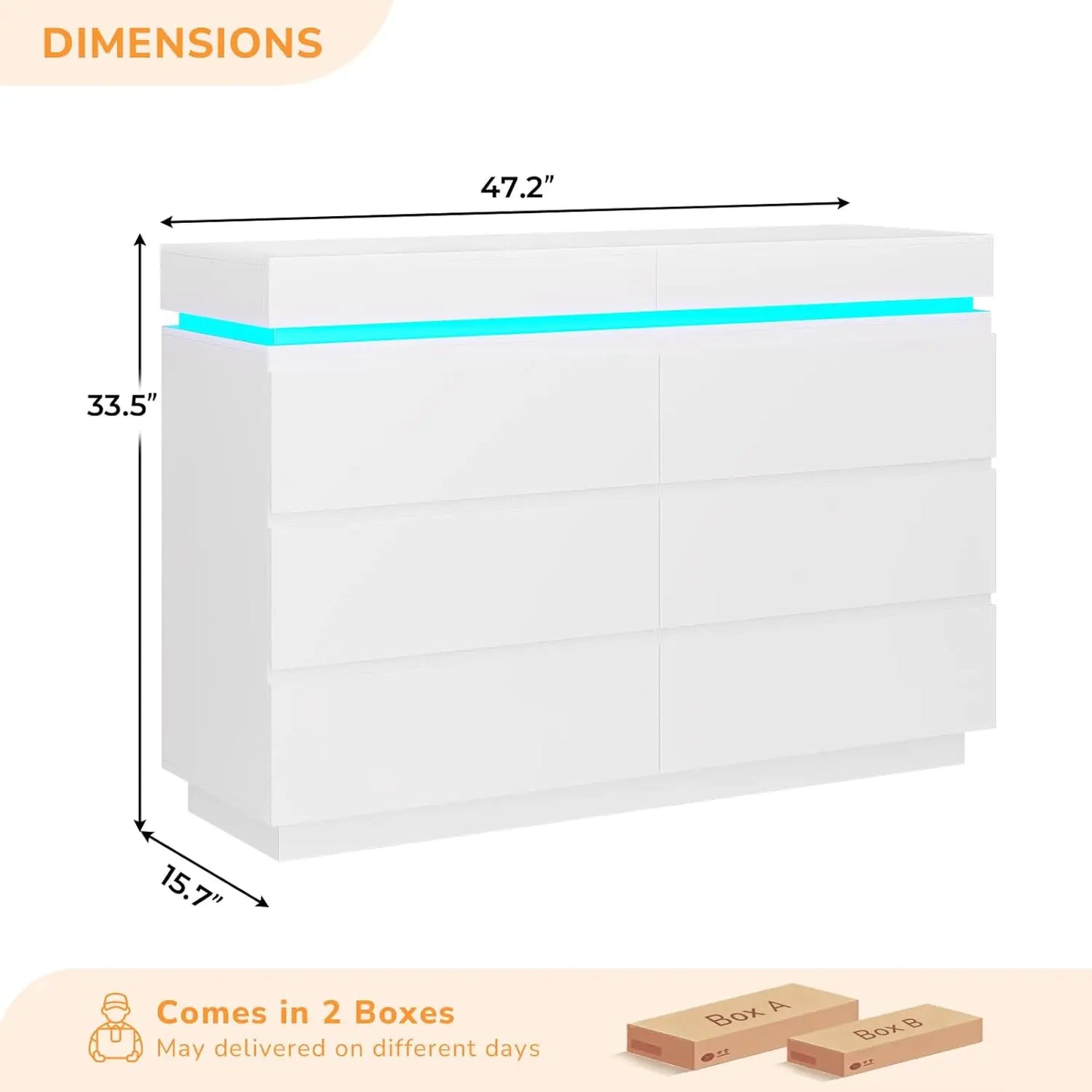 6 Drawer Dresser With Sliding Desktop LED Lights And Charging Station