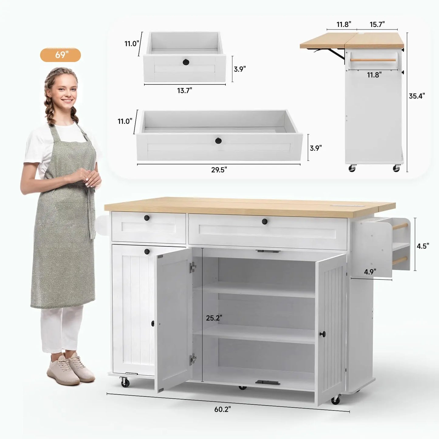 ONBRILL Mobile Kitchen Island Cart With Power Outlet
