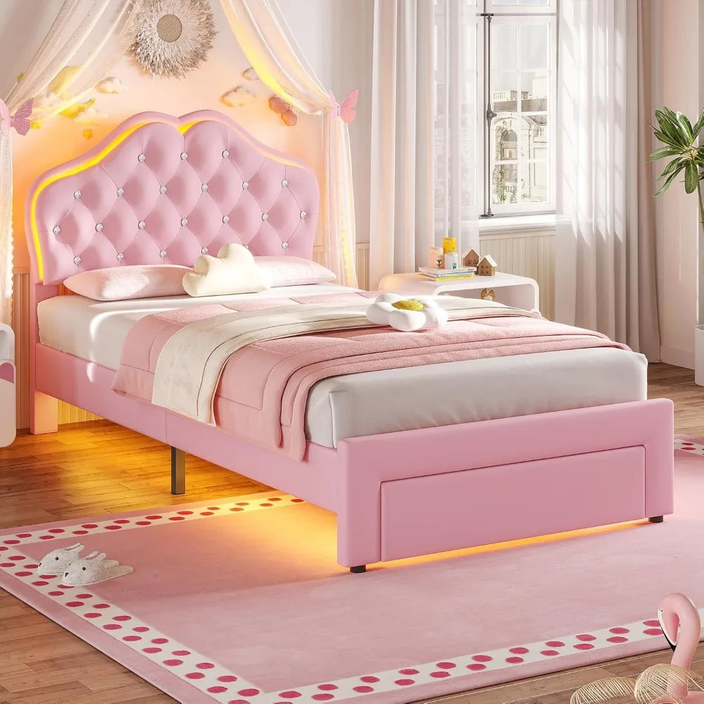 Upholstered Platform Bed With LED Lights Adjustable Headboard Storage Drawer