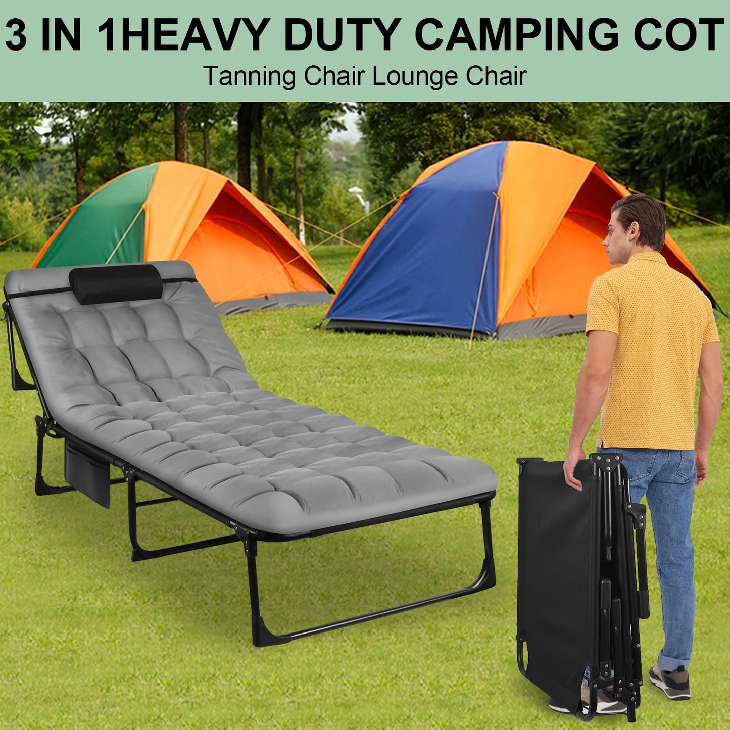 Portable Folding Camping Cot Three Position Adjustable Reclining Lounge Chair