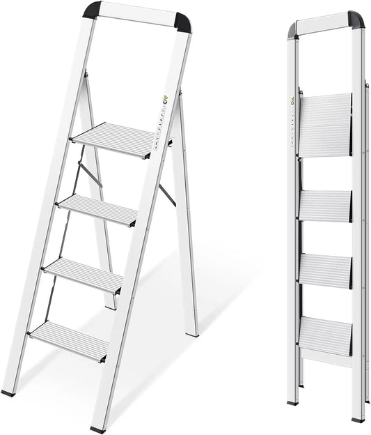 Lightweight 4-Step Aluminum Ladder With Non-Slip Pedals Foldable For Home