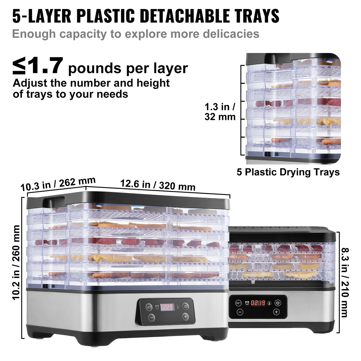 VEVOR 5 Tray Food Dehydrator With Digital Timer