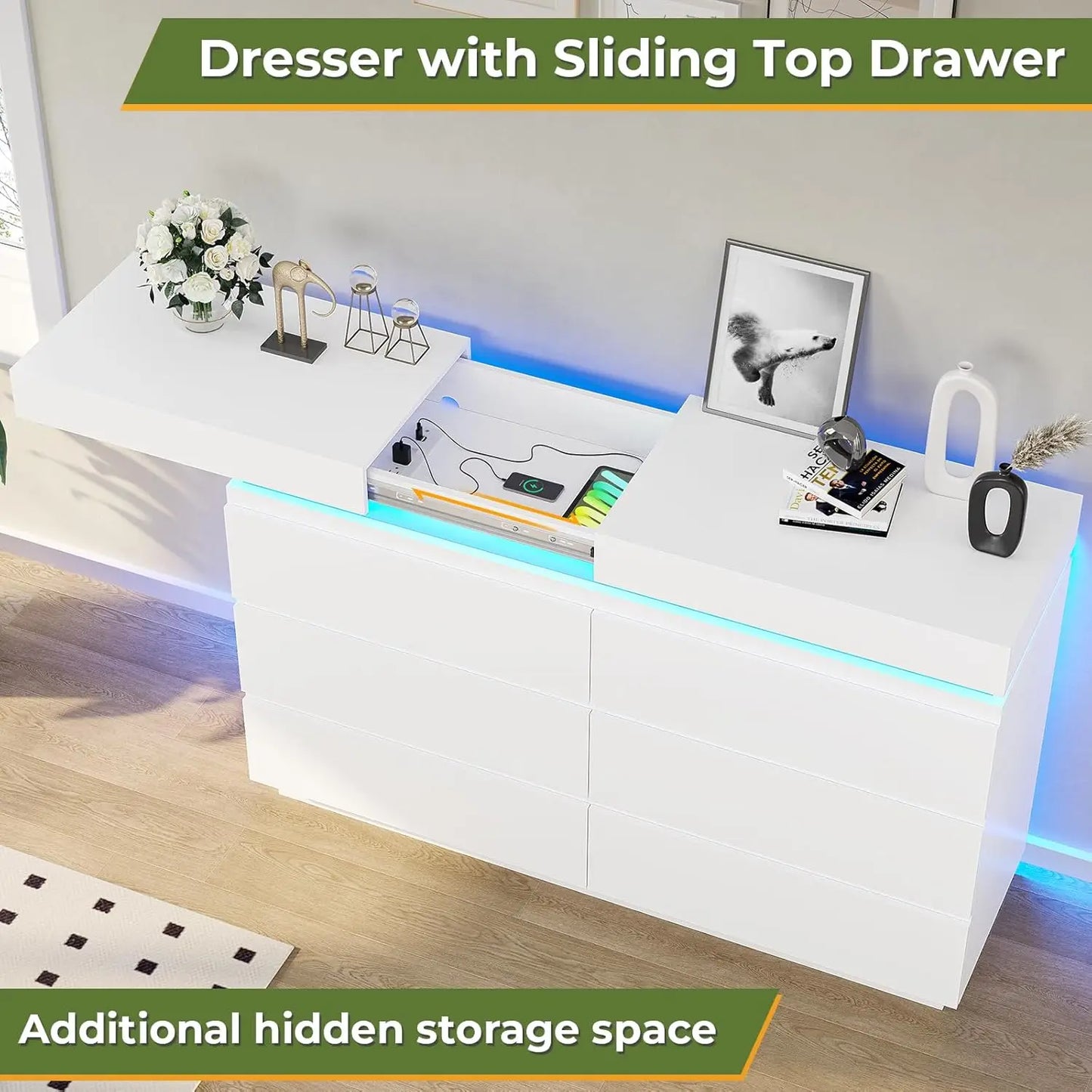 6 Drawer Dresser With Sliding Desktop LED Lights And Charging Station