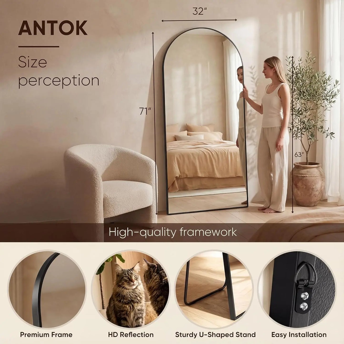 Elegant Arched Floor Mirror Freestanding Or Wall Mounted For Home