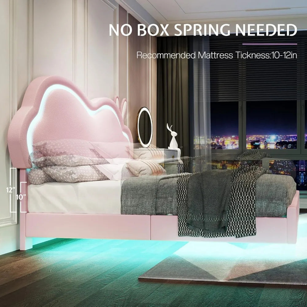 Twin LED Bed Frame For Girls With Cloud Headboard Design