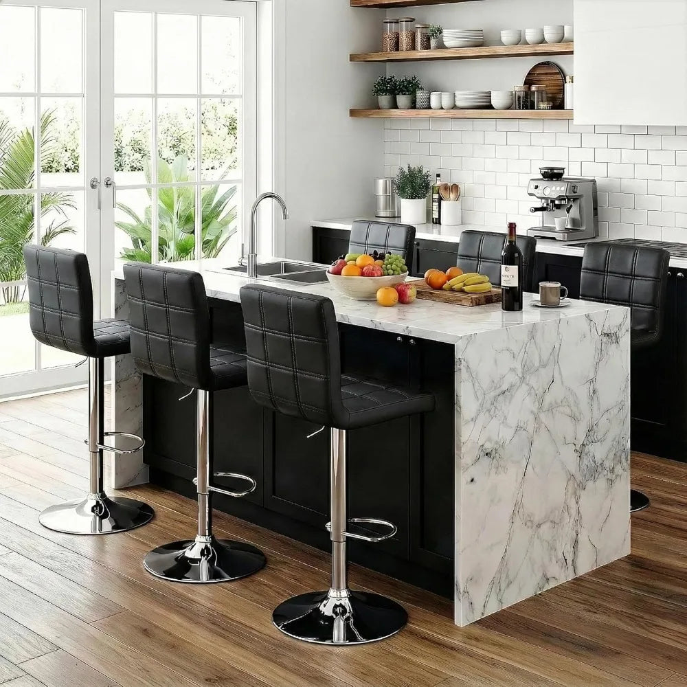 Adjustable Swivel Barstools Set, Modern PU Leather Square Back