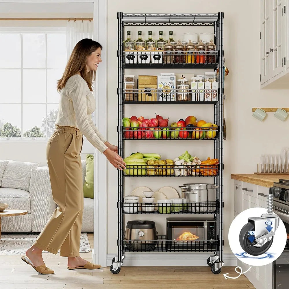 7 Tier Wheeled Wire Shelving Unit For Kitchen And Pantry