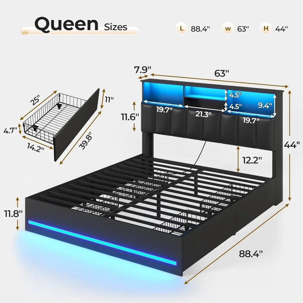 Bed Frame With Bookcase Headboard Charging Station And LED Lights
