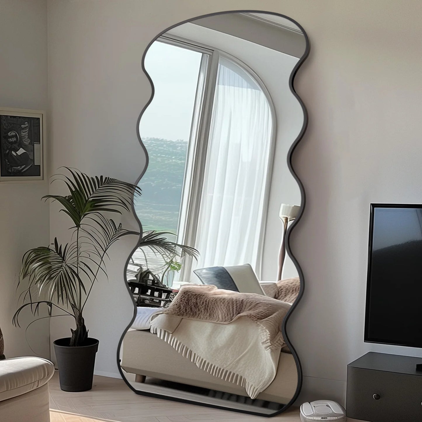 Antok Wavy Glass Mirror With Stand For Living Room And Bedroom