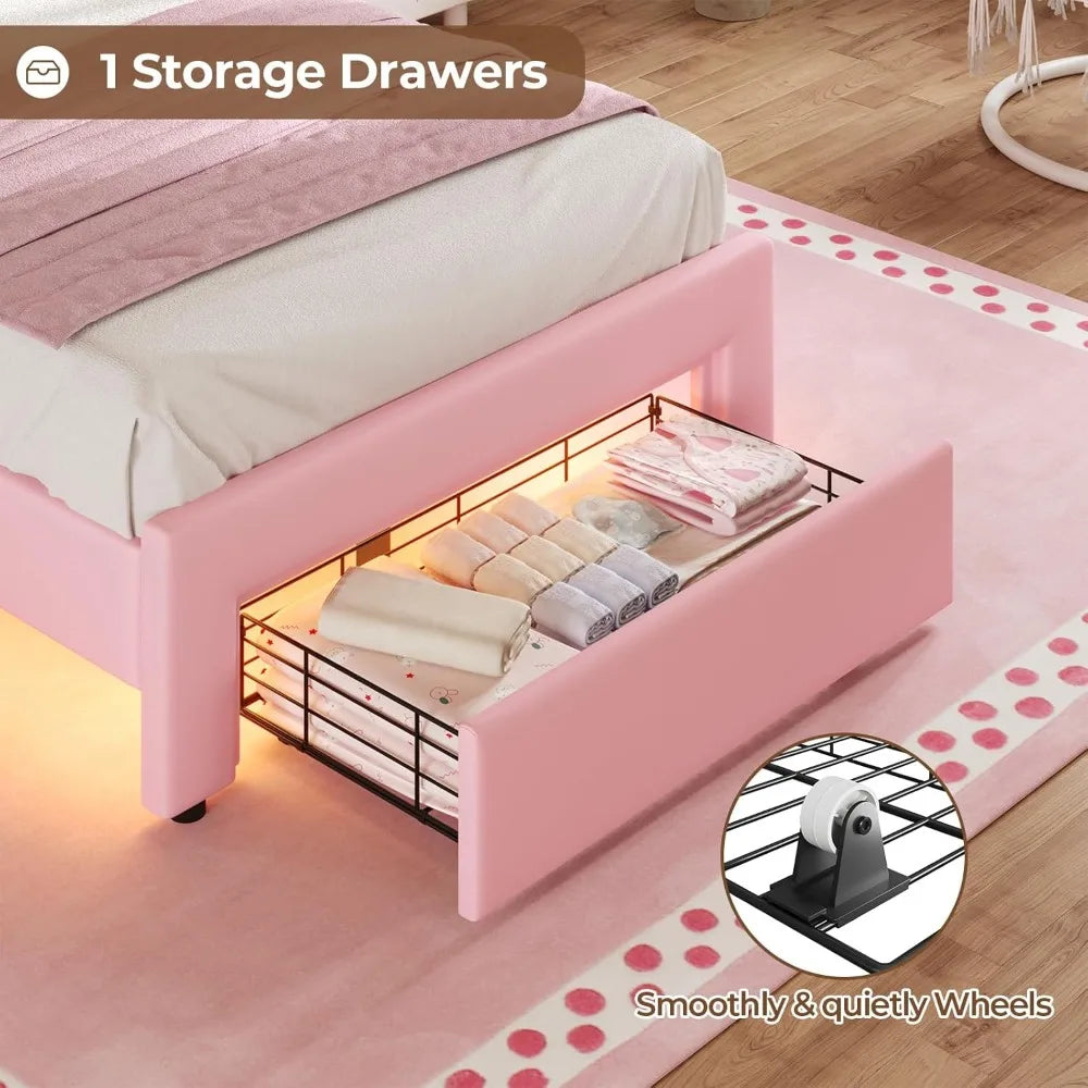 Upholstered Platform Bed With LED Lights Adjustable Headboard Storage Drawer
