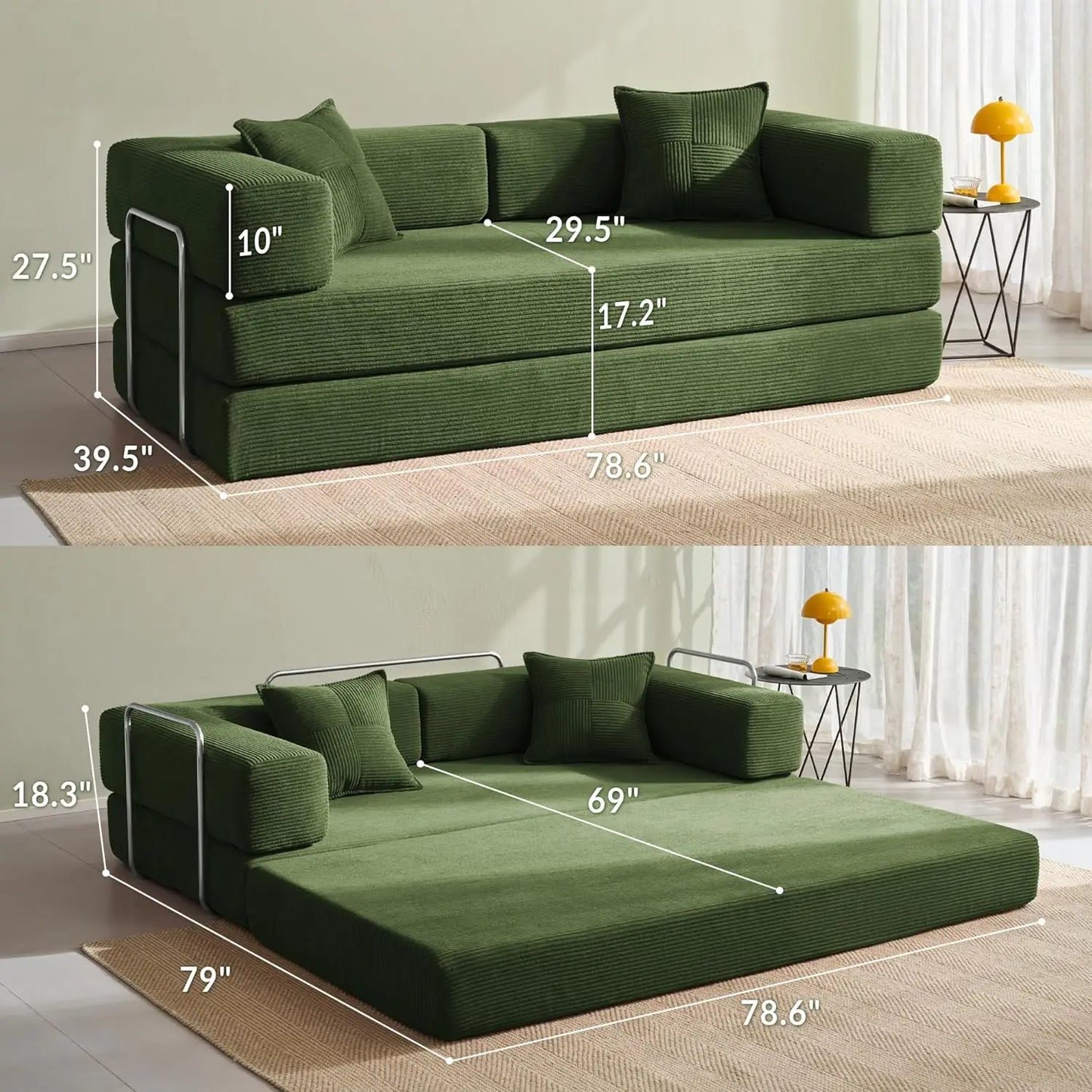 Convertible Floor Sofa Bed With Pillow Back Support Armrest