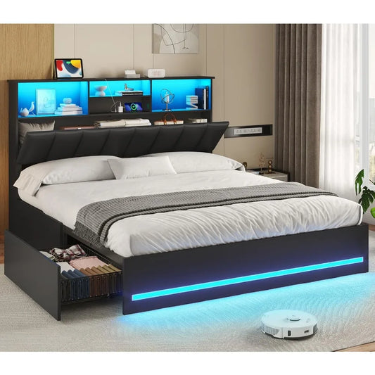 Bed Frame With Bookcase Headboard Charging Station And LED Lights