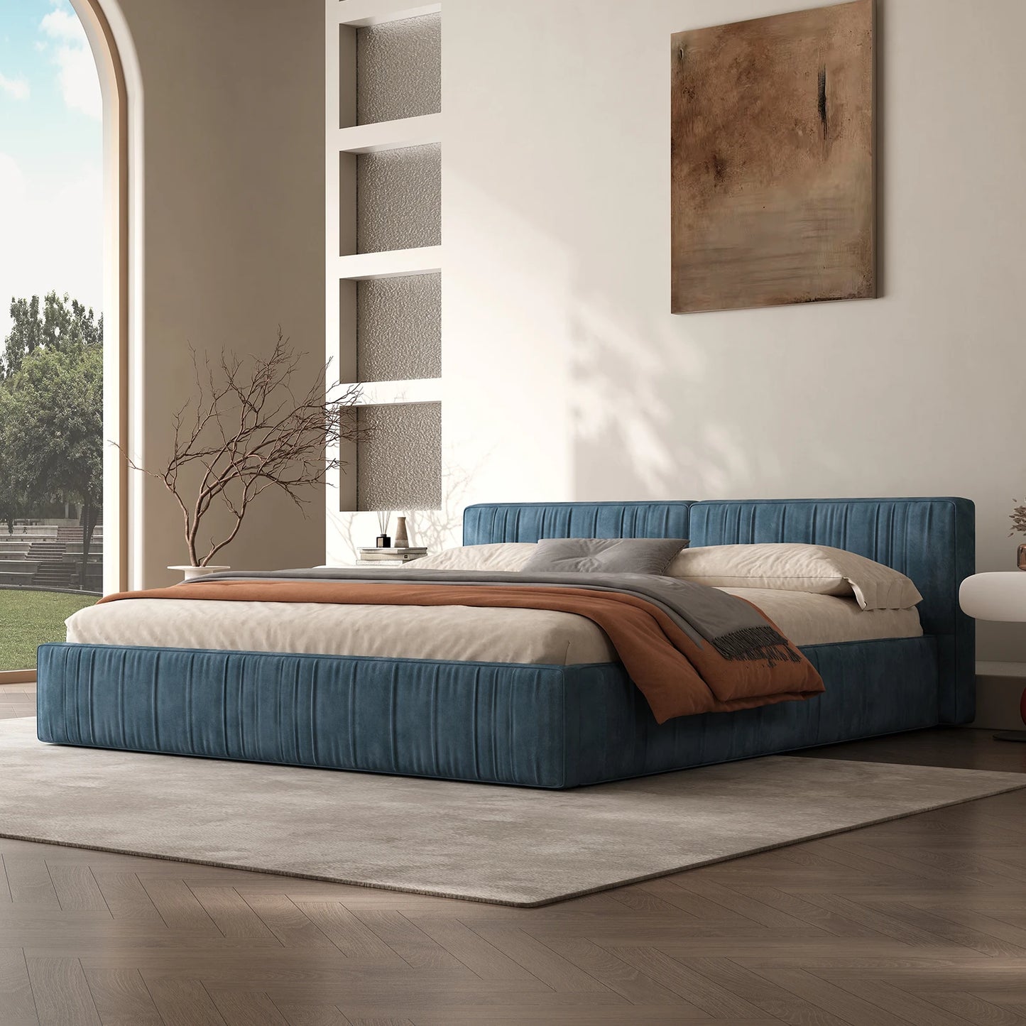 QWCCN Chenille Platform Bed With Thick Headboard And Footboard