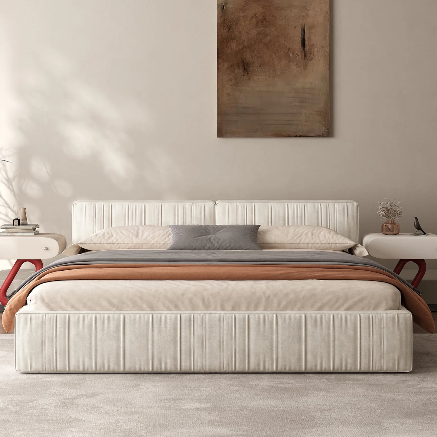 QWCCN Chenille Platform Bed With Thick Headboard And Footboard
