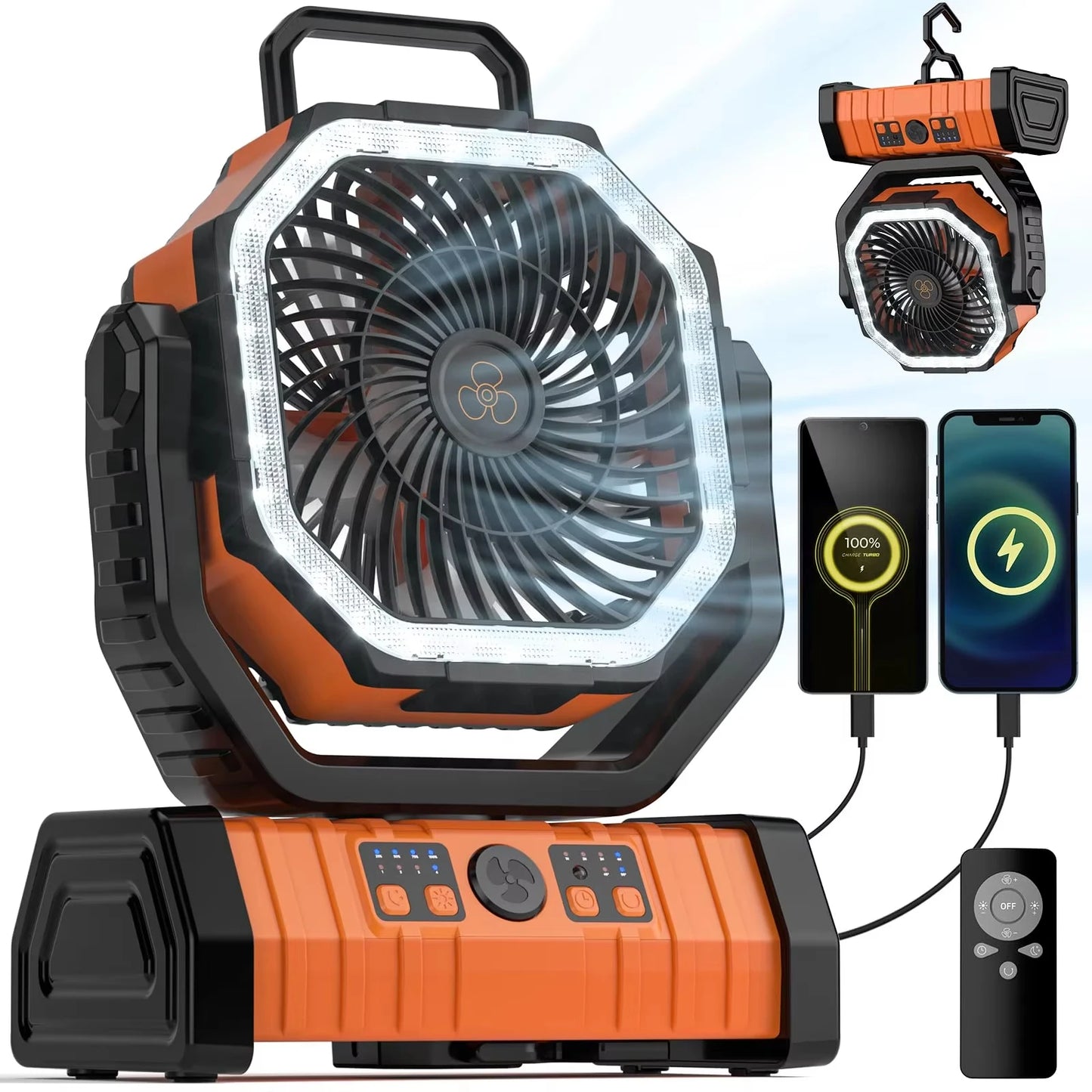 Rechargeable Camping Fan 20000mAh With LED Light And Portable Hook