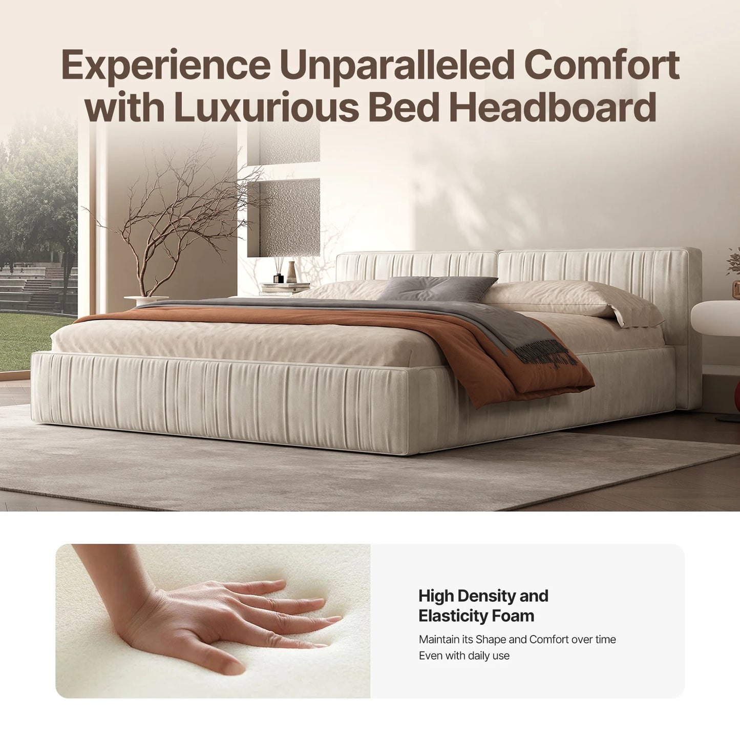 QWCCN Chenille Platform Bed With Thick Headboard And Footboard
