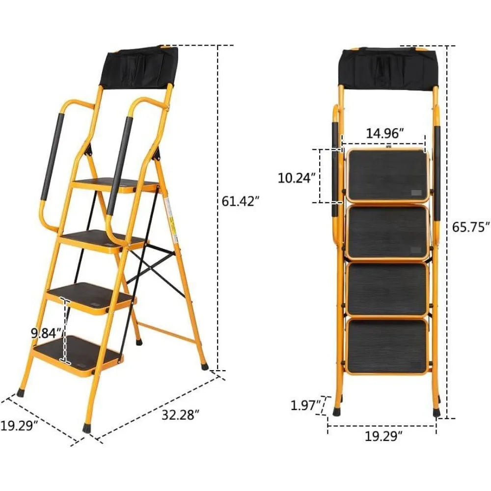 4 Step Folding Ladder With Handrails And Tool Bag