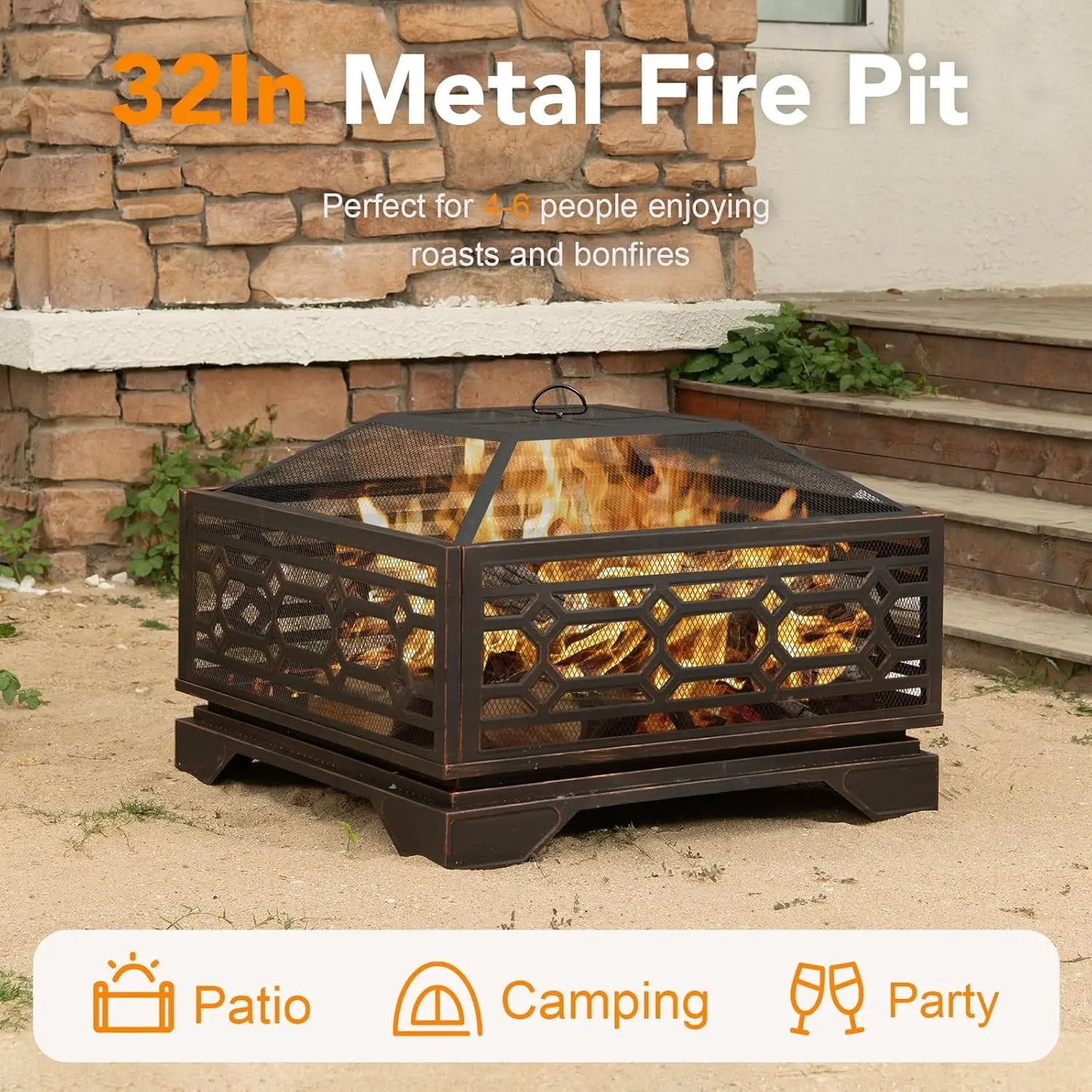 Square Outdoor Fire Pit Metal Wood Burning with Mesh Cover