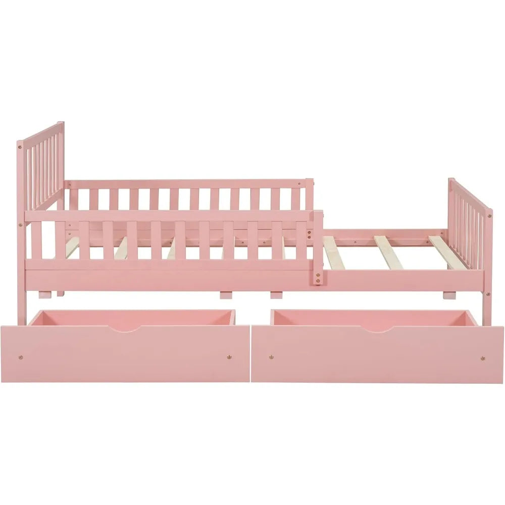 Kids Twin Bed With Guardrails Platform Bed Frame Drawers