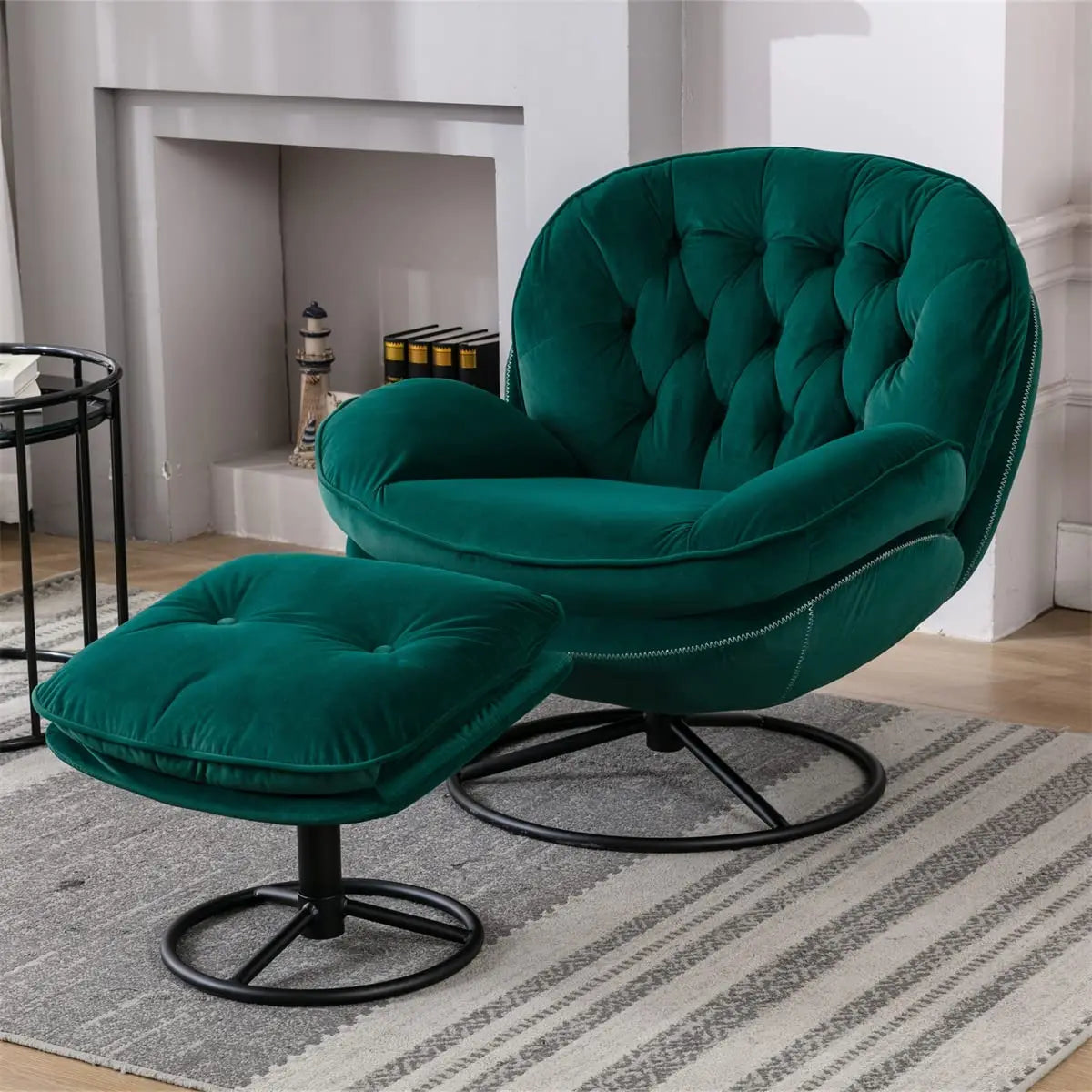 GUOHE Modern Velvet Swivel Accent Chair With Tufted Back Ottoman