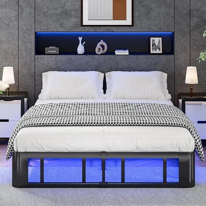 Platform Bed Frame With LED Lights And Sturdy Steel Base