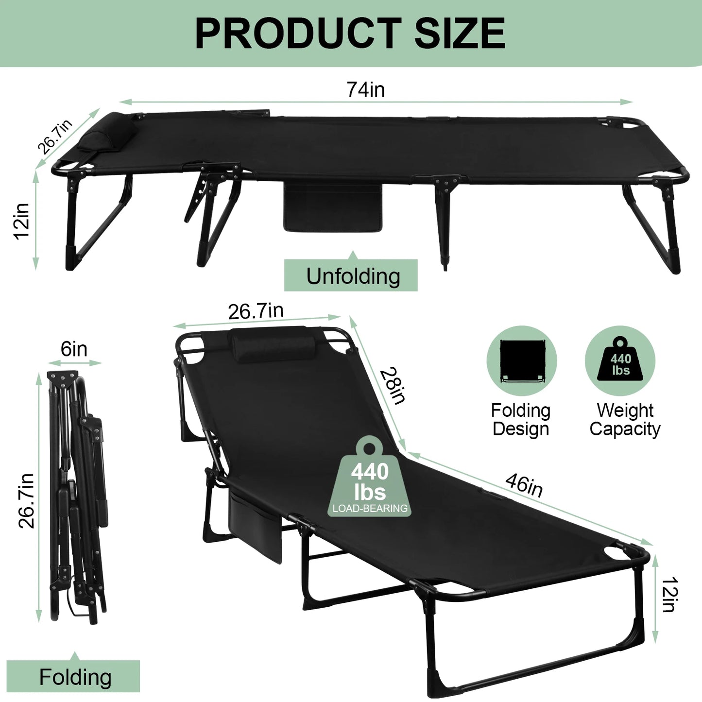 Portable Folding Camping Cot Three Position Adjustable Reclining Lounge Chair