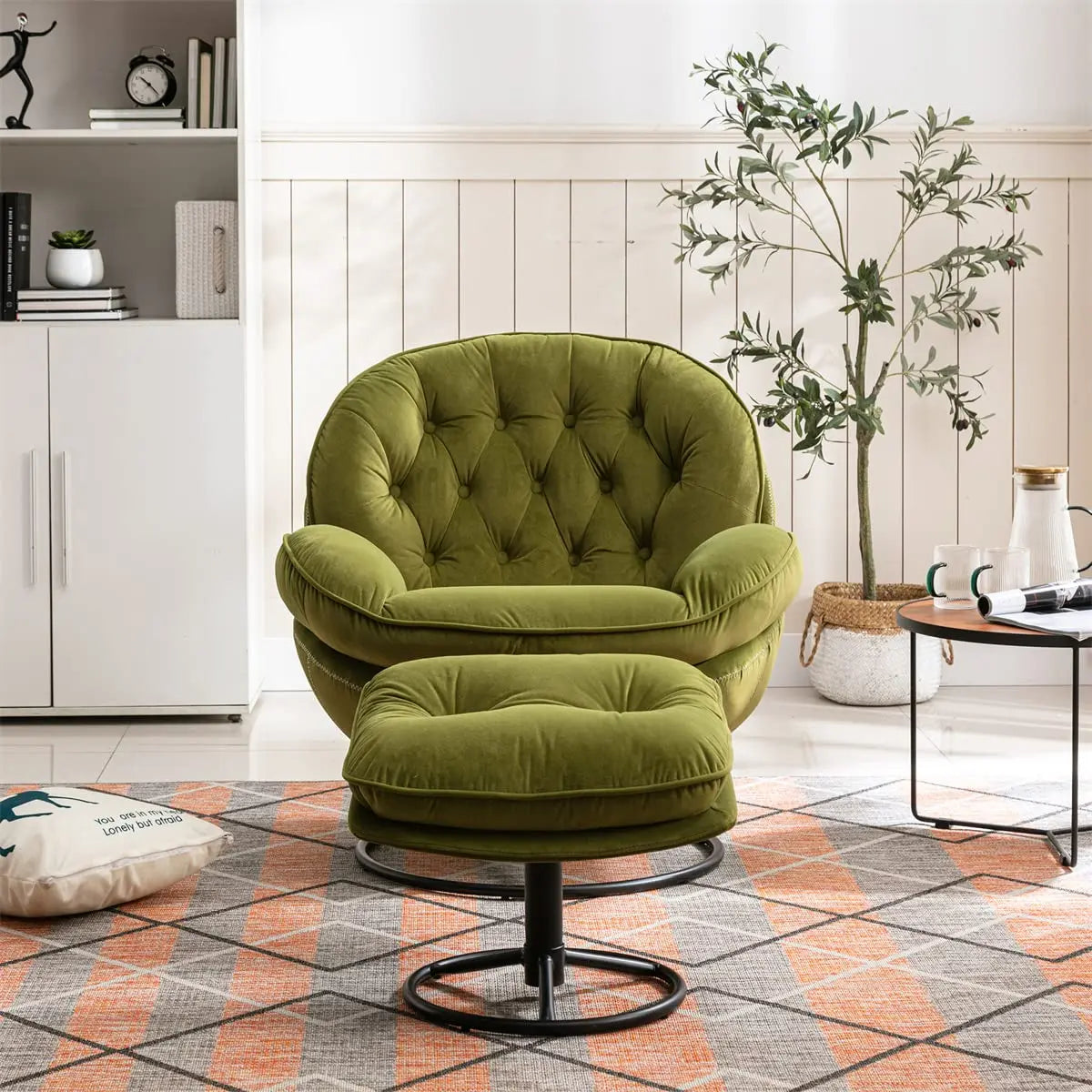 GUOHE Modern Velvet Swivel Accent Chair With Tufted Back Ottoman