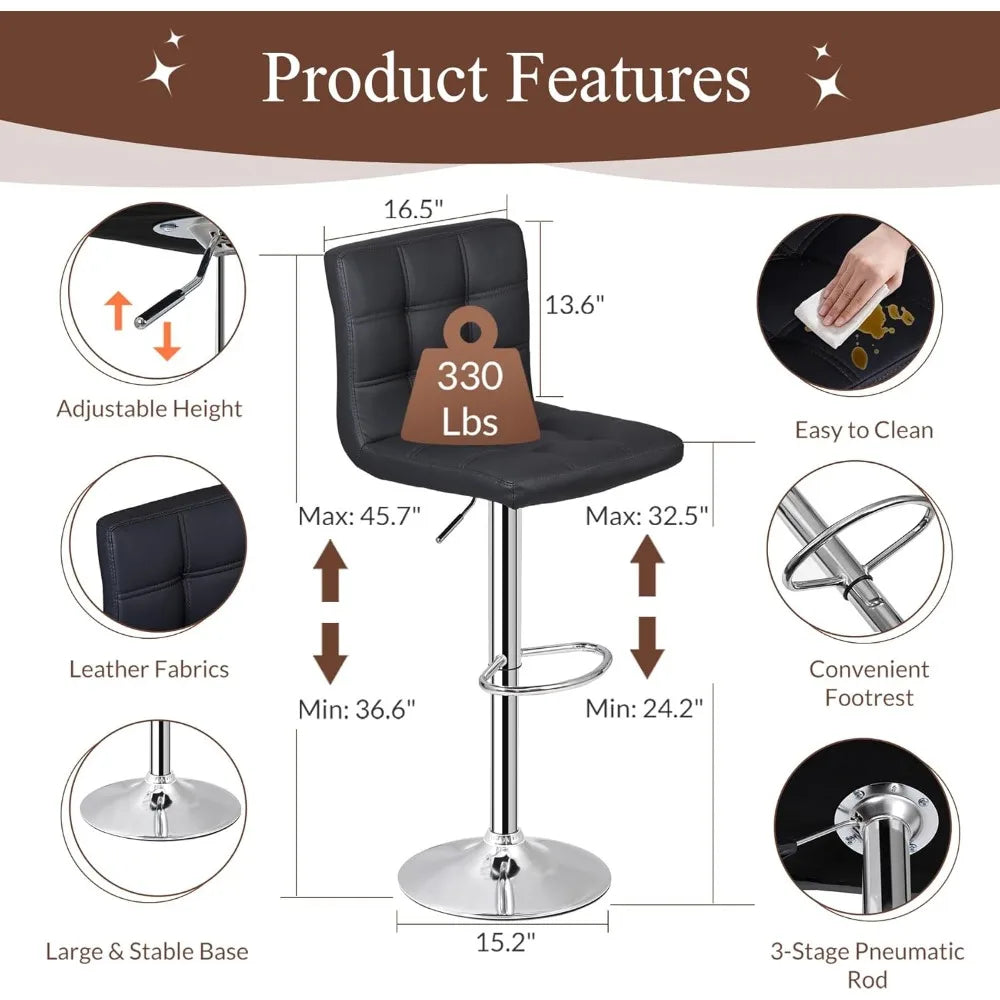 Adjustable Swivel Barstools Set, Modern PU Leather Square Back