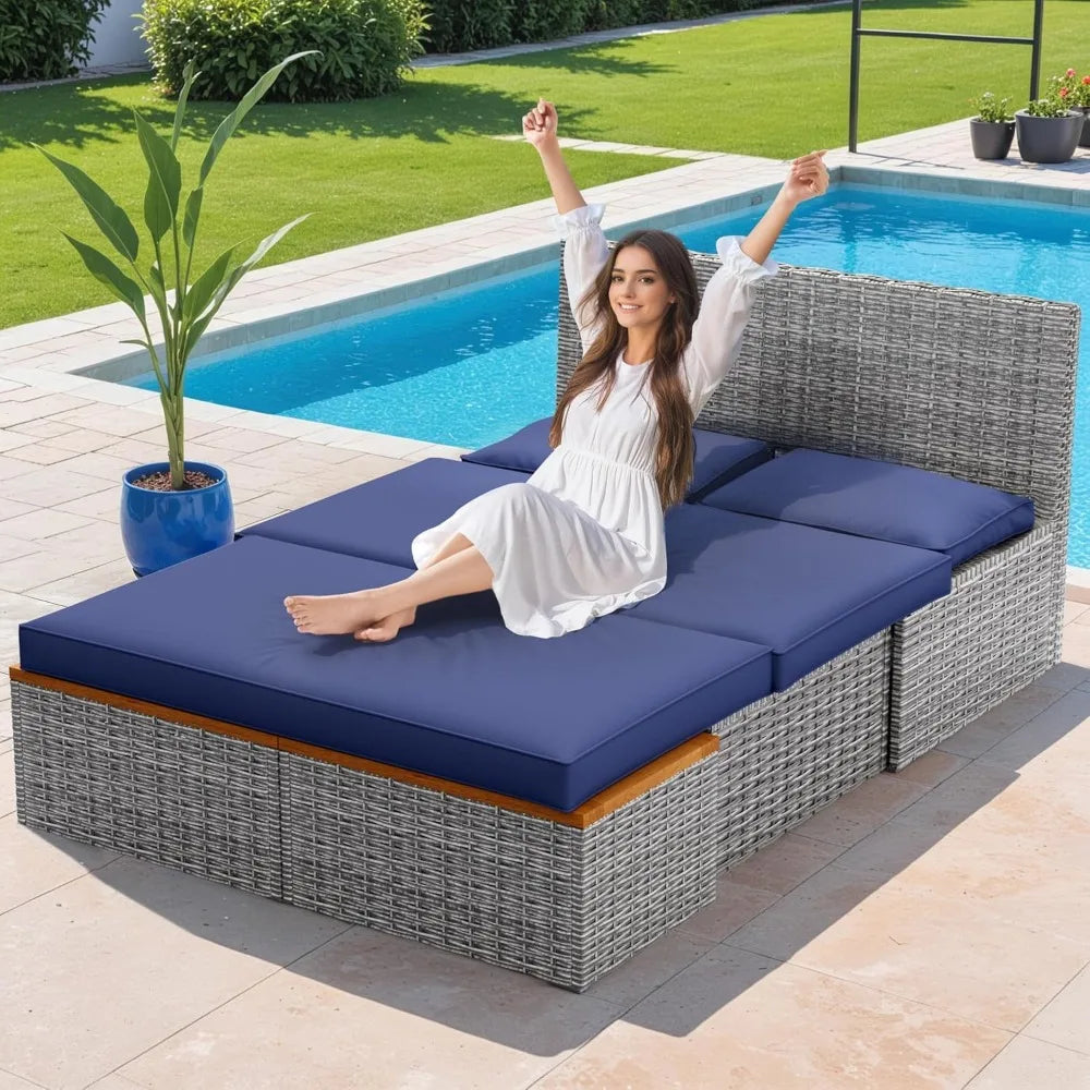 Patio Day Bed Set Outdoor Rattan Lounge Bed With Side Tables